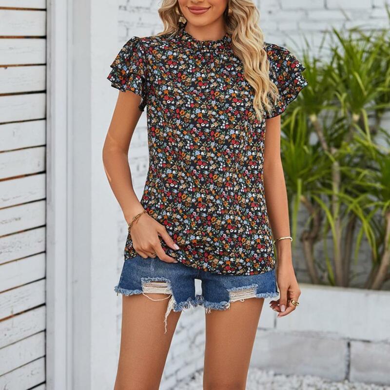 여성용 루즈핏 러플 슬리브 셔츠, 통기성 꽃 프린트 셔츠, 풀오버 블라우스, 여성 의류, 여름