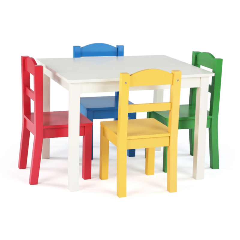 Kids Wood Table and 4 Chairs Set, White & Primary
