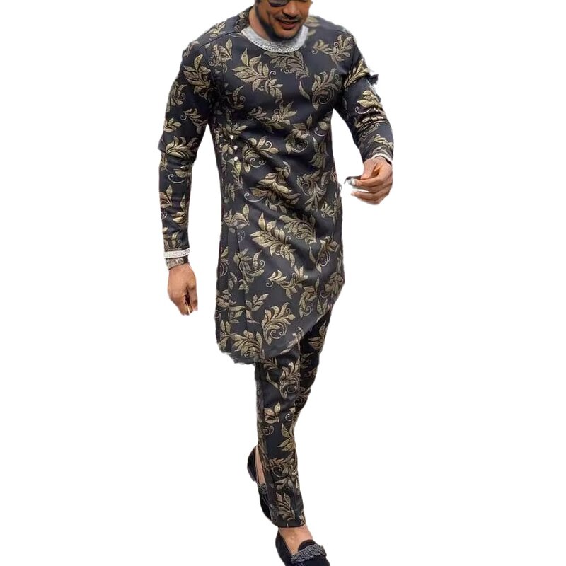 Men's black casual leaf print suit