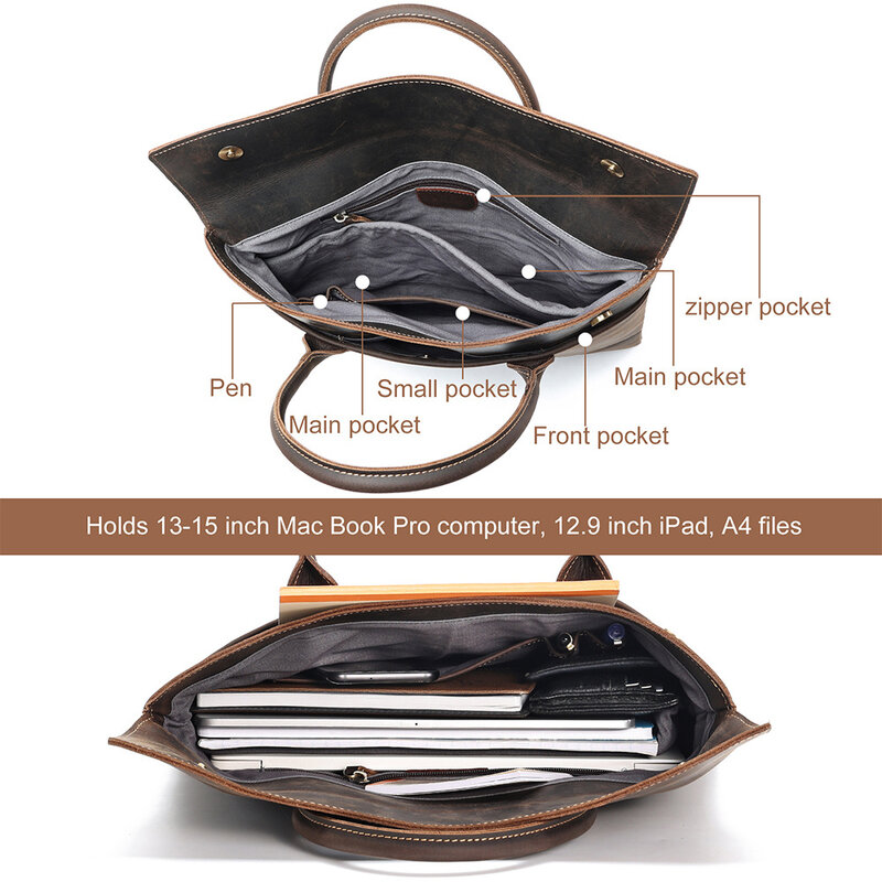 Портфель мужской из кожи Крейзи Хорс, винтажная деловая сумка-тоут для ноутбука, офиса, работы
