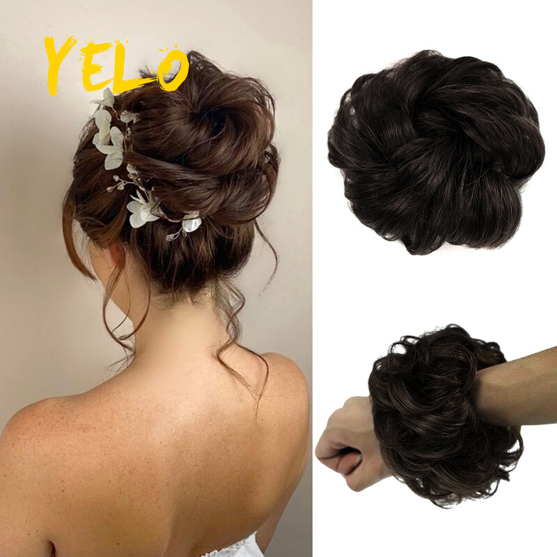 Yelo ekstensi rambut cepol berantakan keriting, berbagai warna rambut palsu elastis potongan rambut Sanggul donat untuk wanita