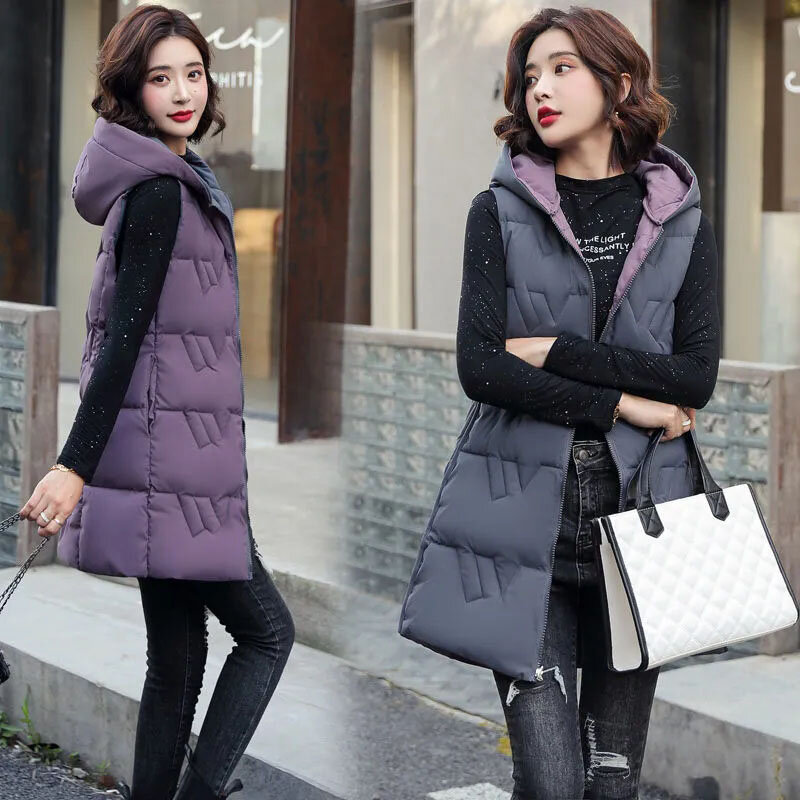 New Women's Double-sided Can Wear Down Cotton Waistcoat Autumn Winter New Long Hooded Cotton Vest Coat Female Warm Padded Vests