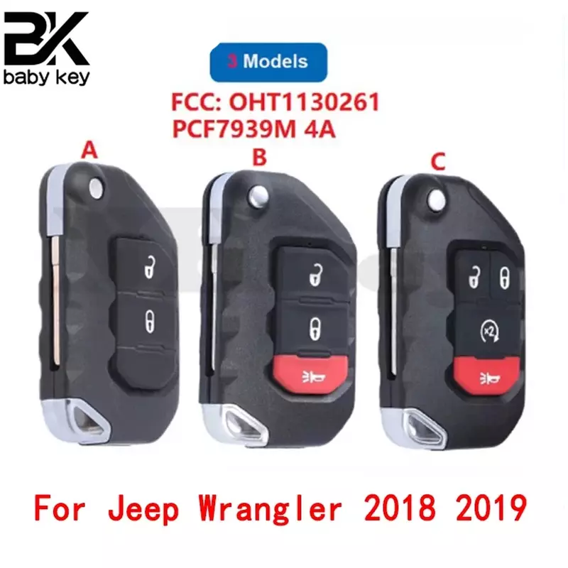 BB-Flip Dobrável Inteligente Remoto Chave Do Carro, Chave Para Jeep Wrangler 2018 2019, 433MHz, PCF7939M, Chip 4A, FCC ID:OHT1130261