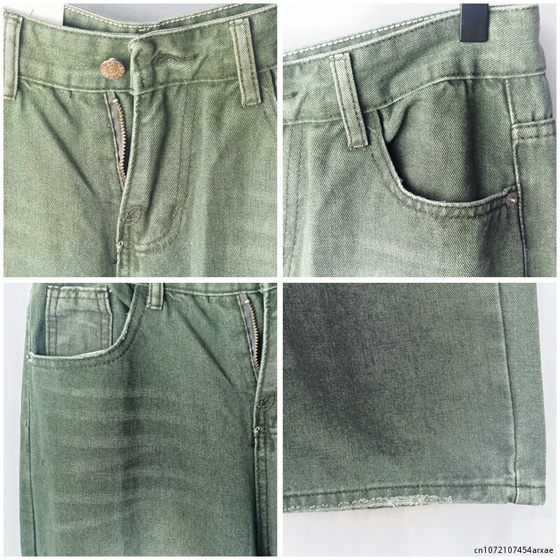 Весенние Зеленые джинсы, мешковатые потертые винтажные джинсовые брюки, мужские широкие брюки, Мужская Уличная одежда в стиле ретро, повседневные брюки оверсайз в стиле хип-хоп