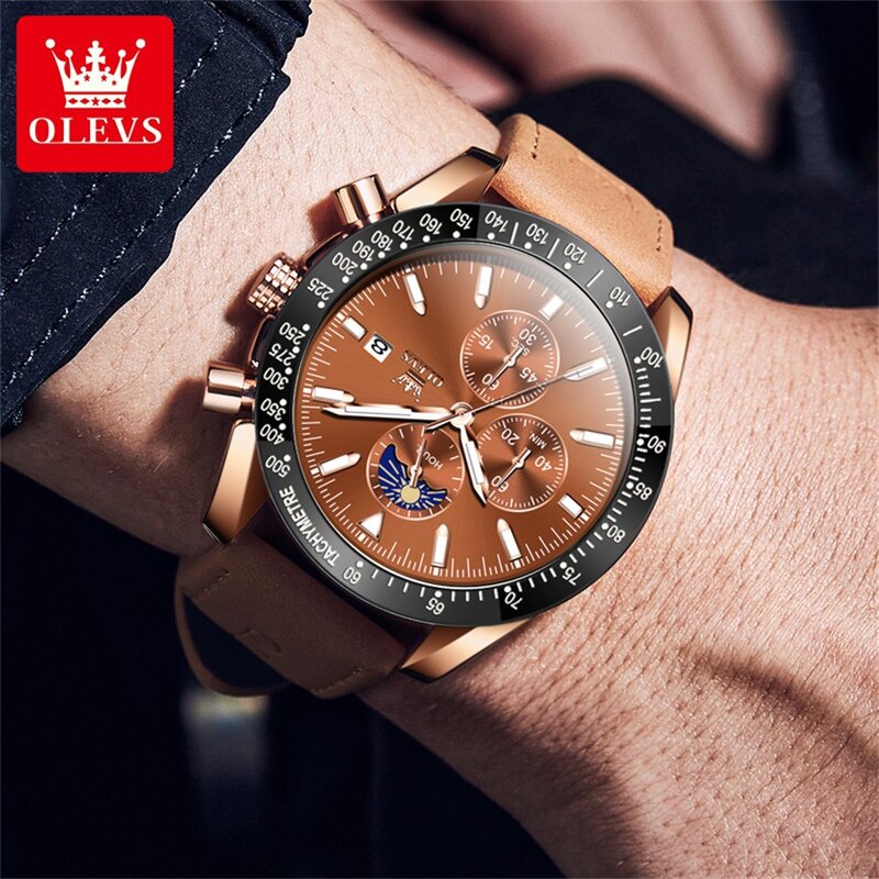 OLEVS-Reloj de pulsera luminoso para hombre, cronógrafo de cuarzo, de cuero, resistente al agua, informal, de lujo, de alta calidad