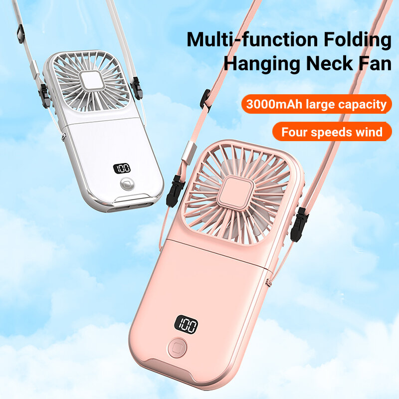 Mini Portable Outdoor Hand Fan Hanging Neck Fan USB Charging 3000mAh Battery Powered 180° Folding Wireless Table Air Cooling Fan