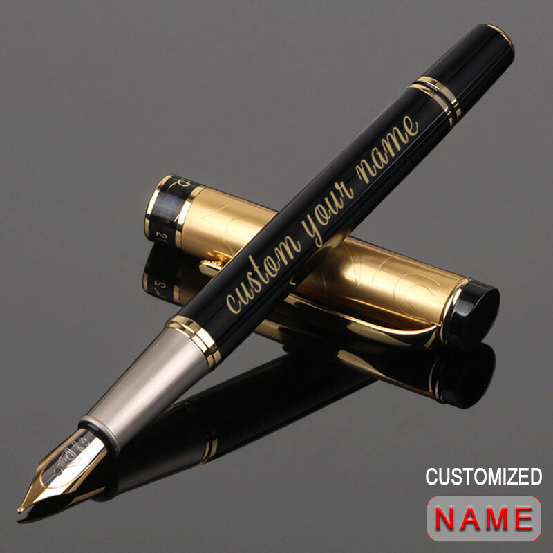 Custom Fountain Pen Golden Text Stationery Office Supplies Back To School Items Metal Nib Writing Ink Men Luxury Japanese Black