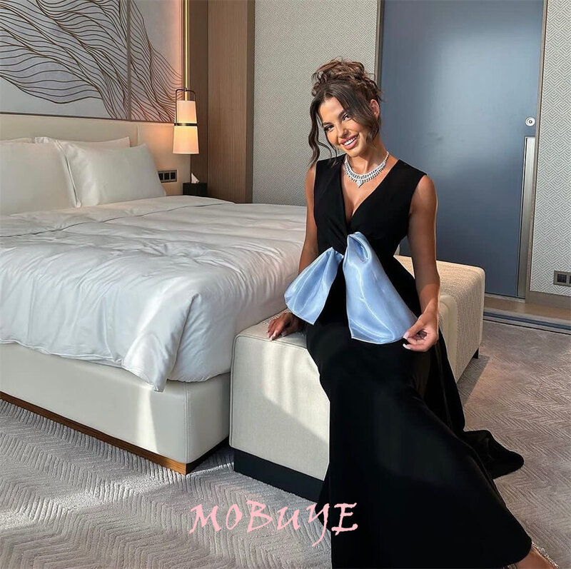 MOBUYE 2024 Popular V Neckline Prom Dress Floor-Length With Short Sleeves Evening Fashion Elegant Party Dress For Women