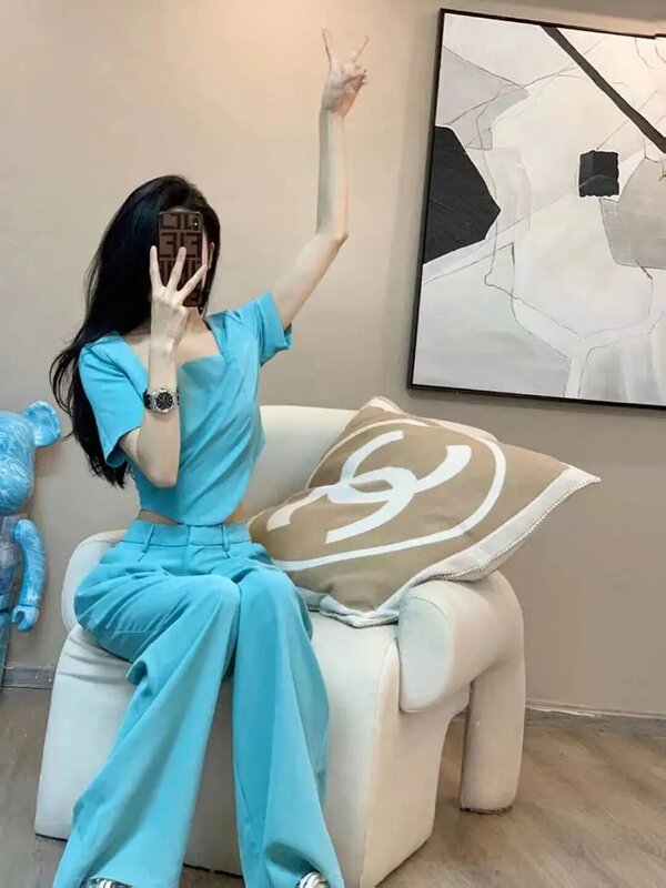 Xiaoxiangfeng-Conjunto feminino de calças largas, moda casual, estilo de Hong Kong, high-end, verão, novo, conjunto 2 pcs, 2024