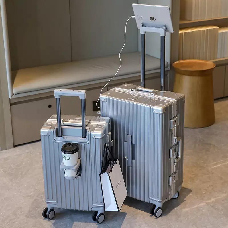 Sarung koper perjalanan bingkai aluminium multifungsi, koper berpergian dengan roda senyap, koper bisnis, koper beroda USB multifungsi ukuran besar