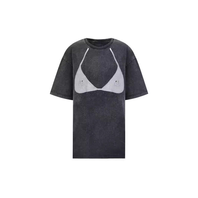 Camiseta curta cinza lavada angustiada com estampa de biquíni, gola redonda solta, pulôver casual, blusa meia manga, moda