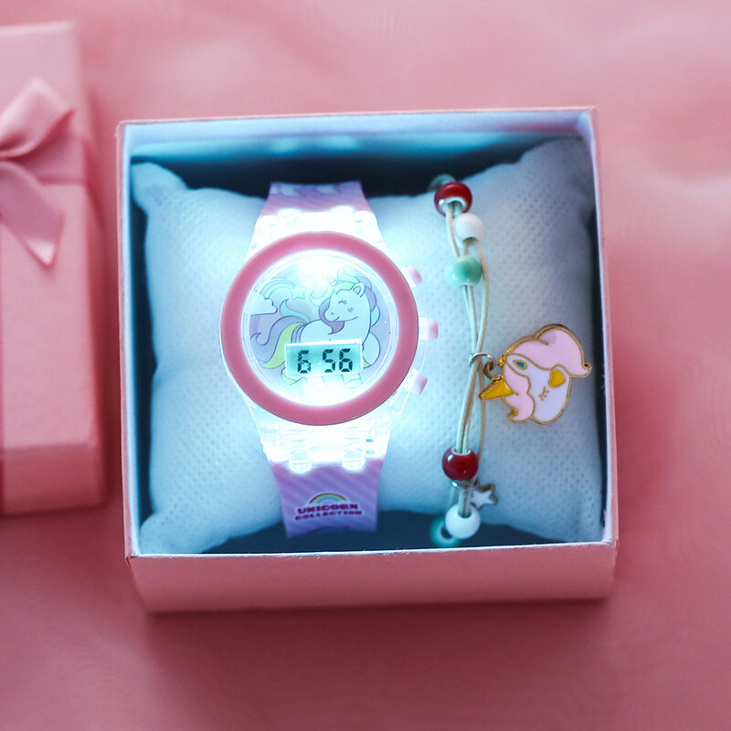 Jam tangan anak perempuan Unicorn, jam tangan anak perempuan dengan kotak gelang tali silikon lampu kilat, jam anak-anak