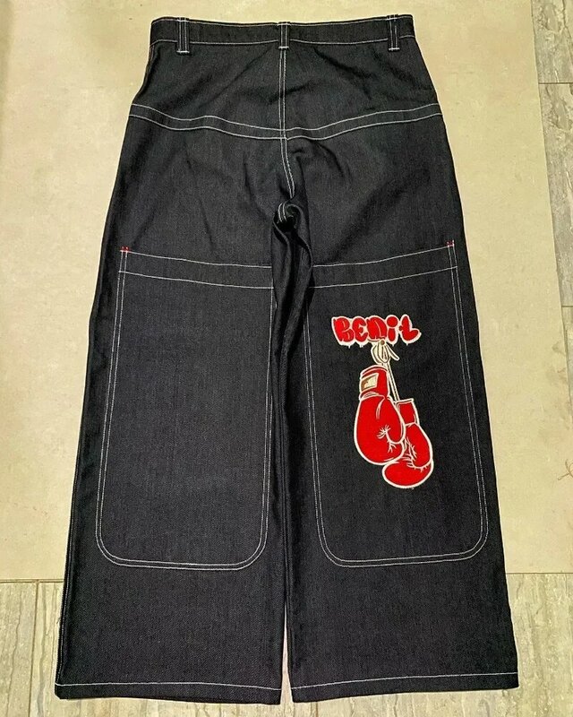 Y2K JNCO wysokiej jakości haftowane Hip Hop workowate dżinsy plemienne dżinsy gotyckie Streetwear Harajuku czarne spodnie w talii szerokie z szeroką nogawką