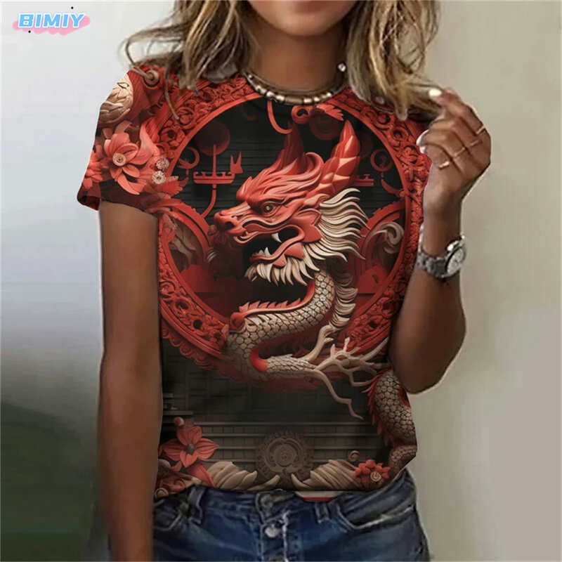 Dragon Print Women Tshirt Polyester Casual Funny Gift Top Tee Women's T-Shirt Kawaii Dragon Print T Shirt Summer Graphic Tees
