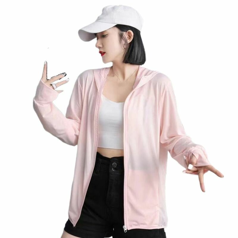 Solid Color Women Sunscreen Hoodie Ice Silk Long-sleeved Sun Protection Clothing Outdoor Sports Breathable Thin Jacket Women