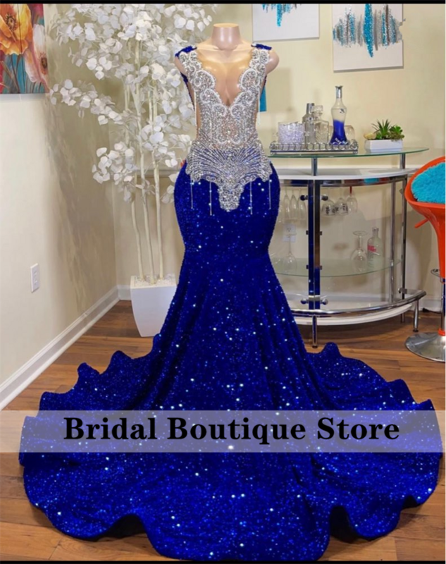 Błyszczące królewskie niebieskie diamenty syrenka sukienka na studniówkę błyszczące cekiny koralik kryształki górskie sukienka na przyjęcie urodzinowe Vestidos De Fiesta