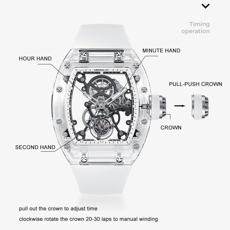 CRONUSART-Relógio turbilhão luminoso masculino, relógio de pulso mecânico Tonneau, caixa Sapphire, pulseira fluororubber, esqueleto, luxo, 50mm * 42mm