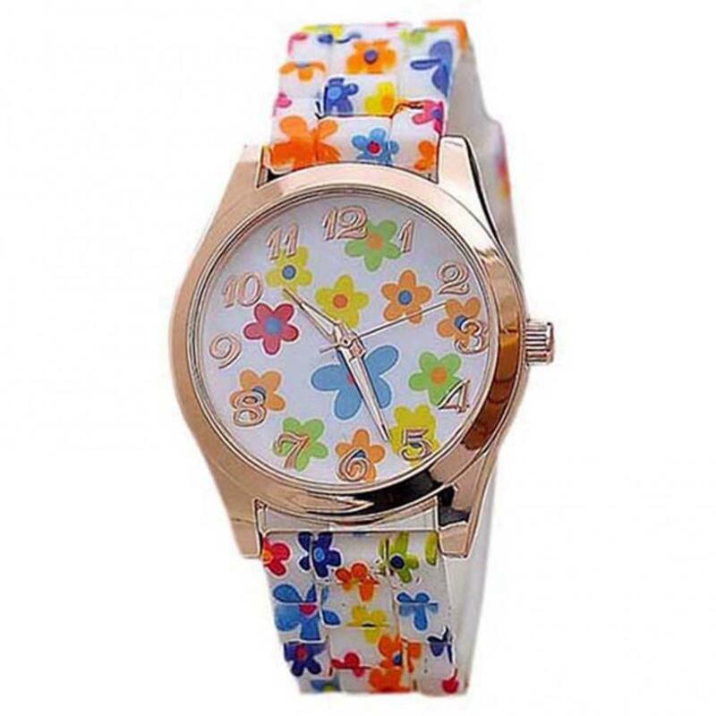 Reloj de pulsera de cuarzo para mujer, banda de silicona con estampado de flores, esfera de números árabes