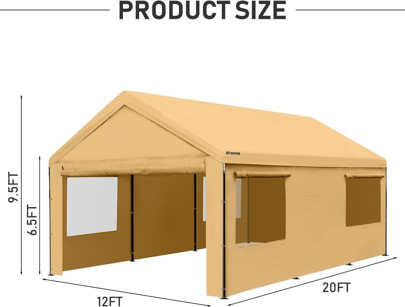 OUTFINE Carport Canopy 12x20 FT Heavy Duty Boat Car Canopy Garage with Removable Sidewalls and Roll-up Ventilated Windows