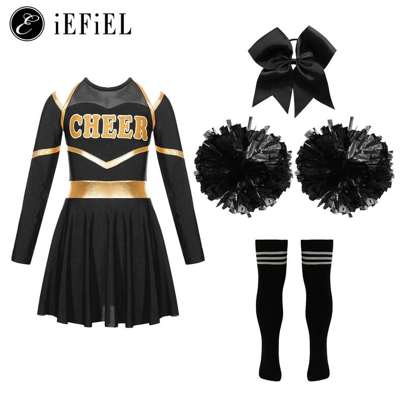 Cheerleader Costume for Girls, Halloween, Cheerleading Dress, Pom Poms Bow, Clipe de cabelo, Meias, Birthday Party Gifts, Kids