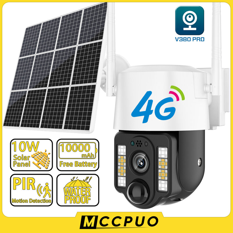 Mccpuo SIM 카드 PTZ IP 카메라, CCTV PIR 모션 감지 태양 감시 카메라, 방수 30m 다채로운 야간 투시경, 5MP 4G