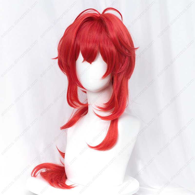 Diluc Cosplay Wig 60cm Long Red Wig Heat Resistant Synthetic Wigs Halloween Carnival Party