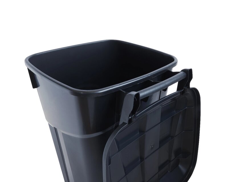黒いタフなプラスチック製のゴミ箱は蓋に取り付けられています、頑丈、32ガロン