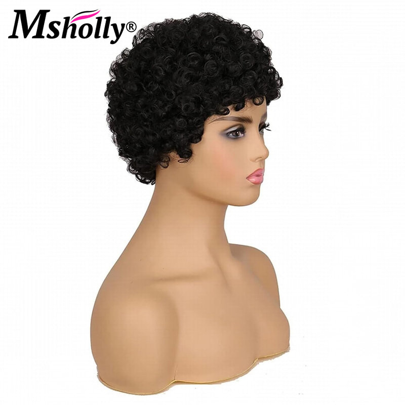 Krótki Afro peruki z perwersyjnym kręcone ludzkie włosy dla czarnych kobiet bezklejowe fryzura Pixie pełne peruki maszynowe 100% brazylijskie peruki z ludzkich włosów Remy