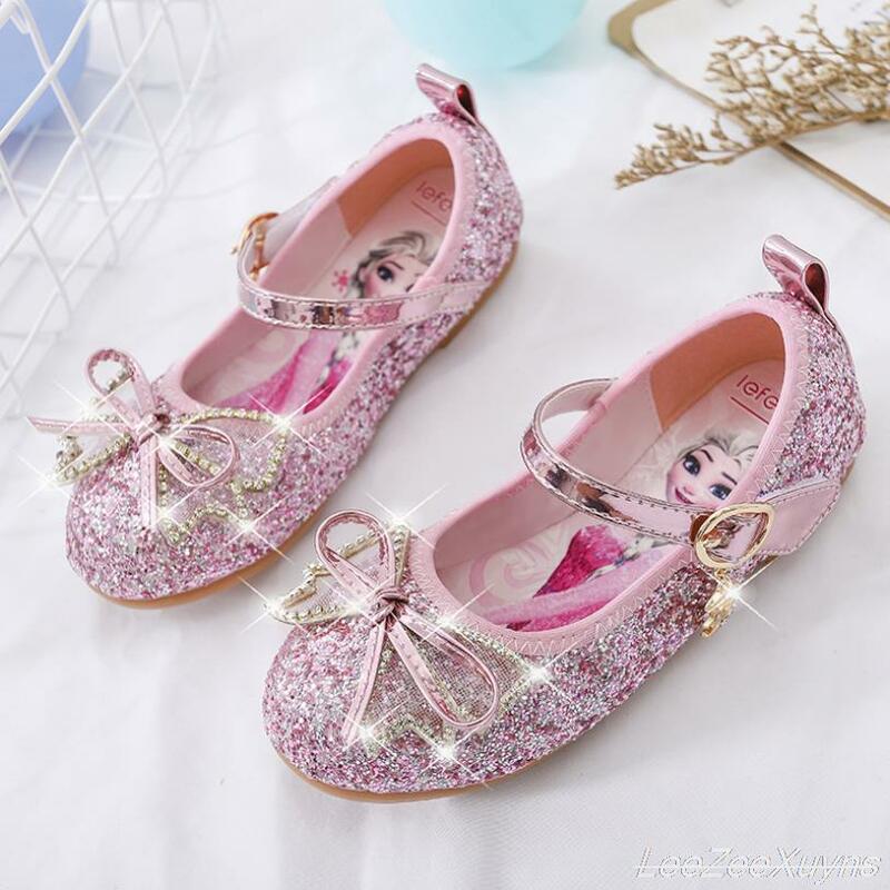 Disney-zapatos de princesa para niñas, calzado de suela suave, informal, de cristal, planos, de cuero, para baile, talla 22-36