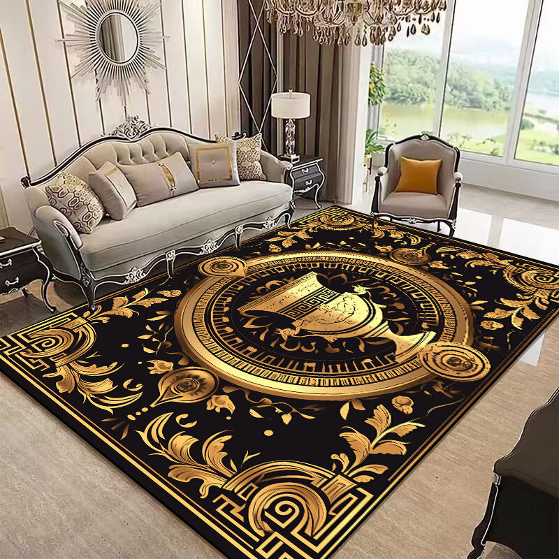Karpet dekoratif emas mewah untuk ruang tamu, karpet rumah dekorasi Eropa dan Amerika Area besar dapat dicuci, keset samping Sofa santai