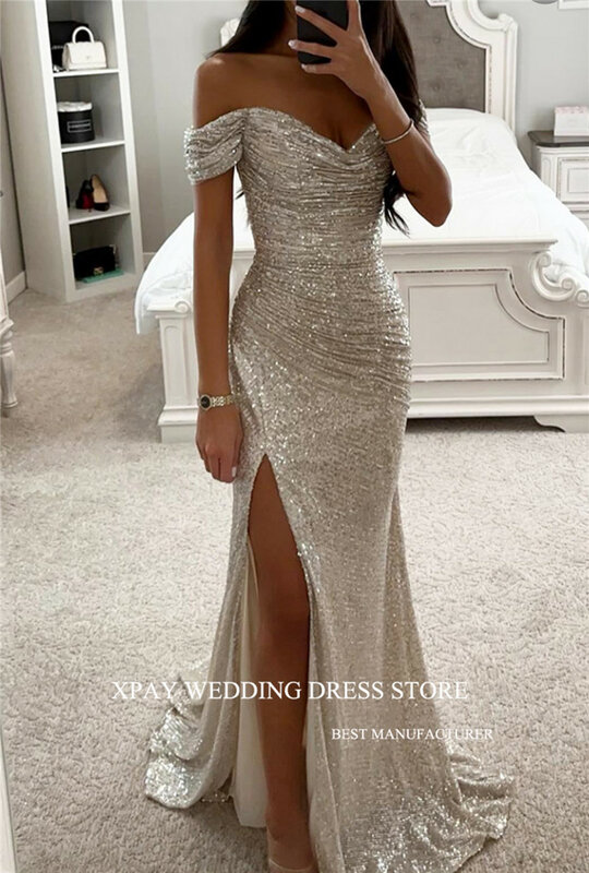 XPAY Glitter Blush Mermaid Prom Dresses Sparkly Off the Shoulder Sleeves Split Long Evening Gowns Party Wedding Dress Vestidos
