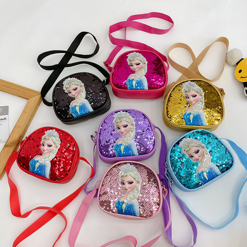 Disney Kinder Crossbody-tasche Pailletten Elsa Prinzessin Mädchen Handtaschen Multifunktions PU Leder Tasche Geburtstag Geschenk