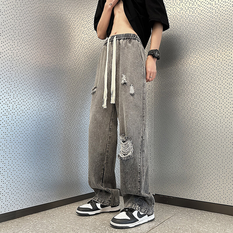กางเกงยีนส์สตรีทแวร์ผู้ชาย, กางเกงยีนส์ขายาว Z41กางเกงยีนส์กางเกงยีนส์ขาดเป็นรูผ้าฝ้ายลำลอง