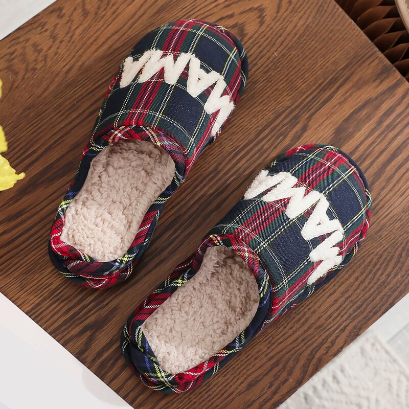 Plaid Cotton Slippers Women's Home Warm Comfort Slides Winter New Flat Non Slip Bedroom Unisex Casual Wool Slippers New