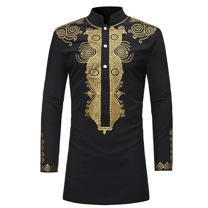 African Tribal Dashiki Longline Shirt Brand New Slim Long Sleeve Mandarin Collar Dress Shirt Men Islamic Clothing Camisa Muslim
