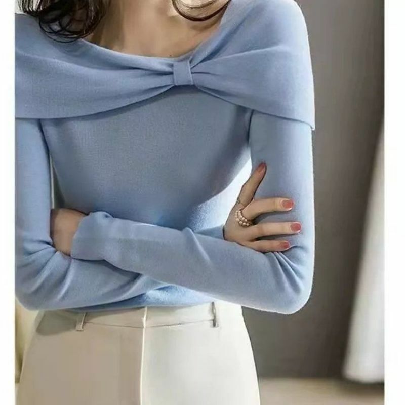 Korean Elegant Chic Bow Square Collar Sweet Slim Basic Knitwear Women Spring Autumn Casual Solid Long Sleeve Top Female Clothing