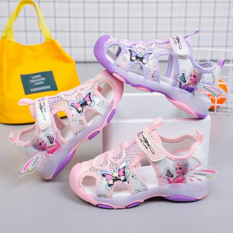 Disney Frozen Girls Sandals Summer Princess Elsa Soft Sole Non-slip Light Up Pink Purple Shoes Size 23-36