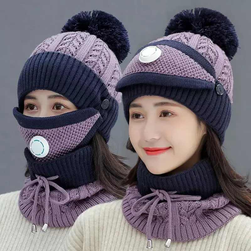 Women Scarf Winter Sets Cap Mask Collar Face Protection Girls Accessory Women Ball Outdoor Cycle Knitted Hat for Adult Ladies