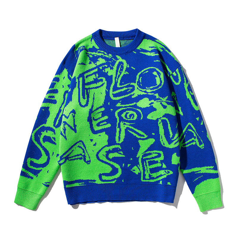 Suéter de malha gola redonda com grafite hip-hop masculino, cardigã de manga comprida, suéteres do monograma, versátil, casual, outono