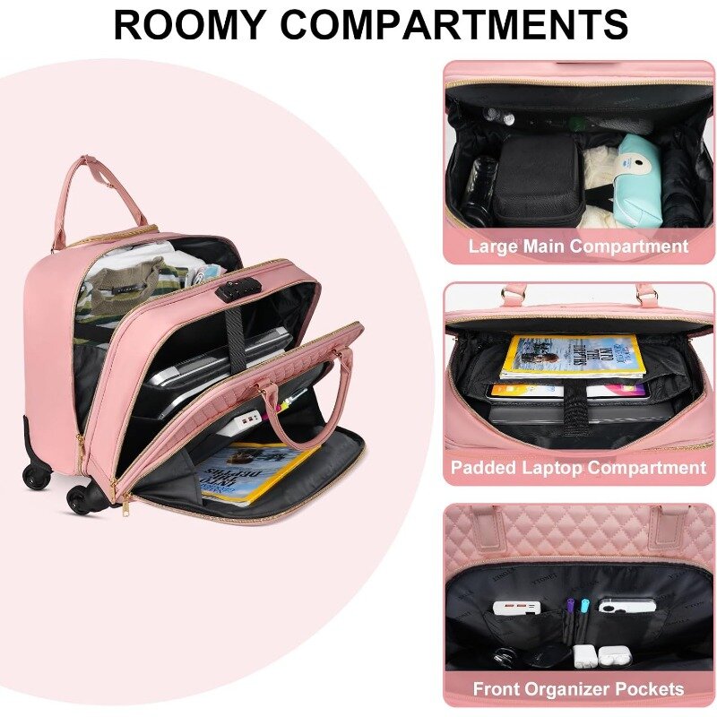 17.3 Inch Rolling Briefcase with Wheels & TSA Lock,  Computer Bag on Wheels Roller Bag for Travel Business Work, Pink