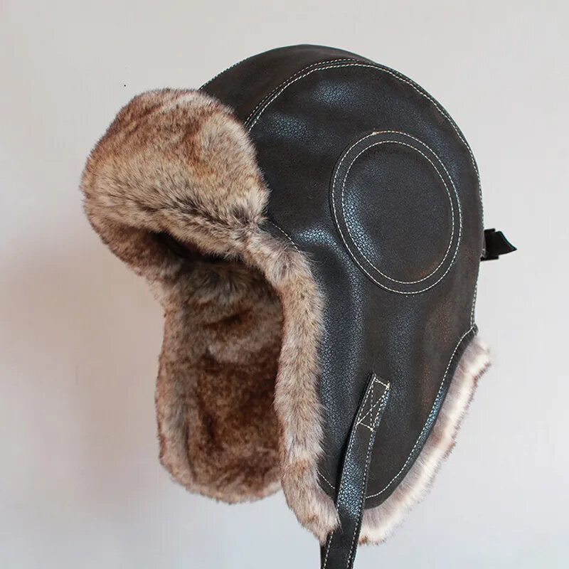 Ushanka de inverno com abas auriculares para homens e mulheres, bombardeiro aviador piloto, chapéu caçador, peles artificiais, couro, boné de neve