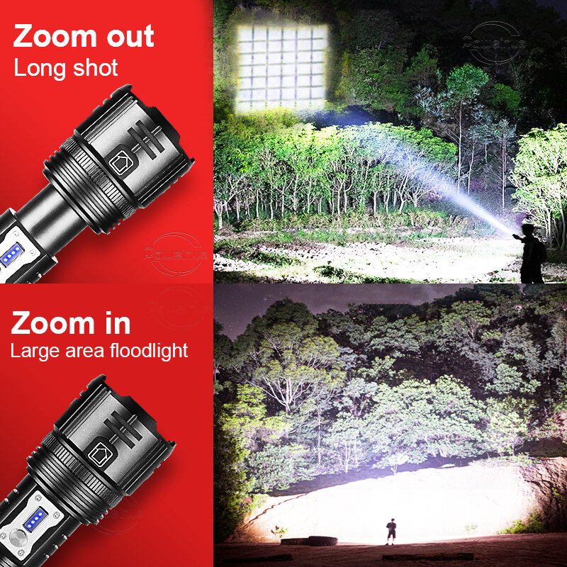 Poderosa lanterna LED recarregável USB, luz de tocha tática, lâmpada de mão de alta potência, lanterna para acampar, XHP50, XHP360, 3000 Lumens