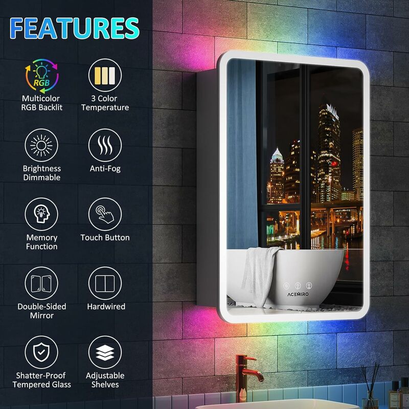 ACEMIRO Medicine Cabinet with Lights, 20×32 Inch Lighted Medicine Cabinet with Mirror, LED Bathroom Medicine Cabinet with RGB Ba