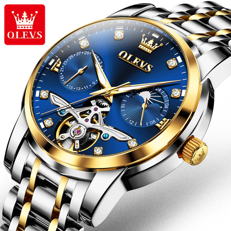 OLEVS-Bracelet de montre en acier inoxydable, montre d'affaires mécanique, cadran rond, Shoous, cadeau, 6703