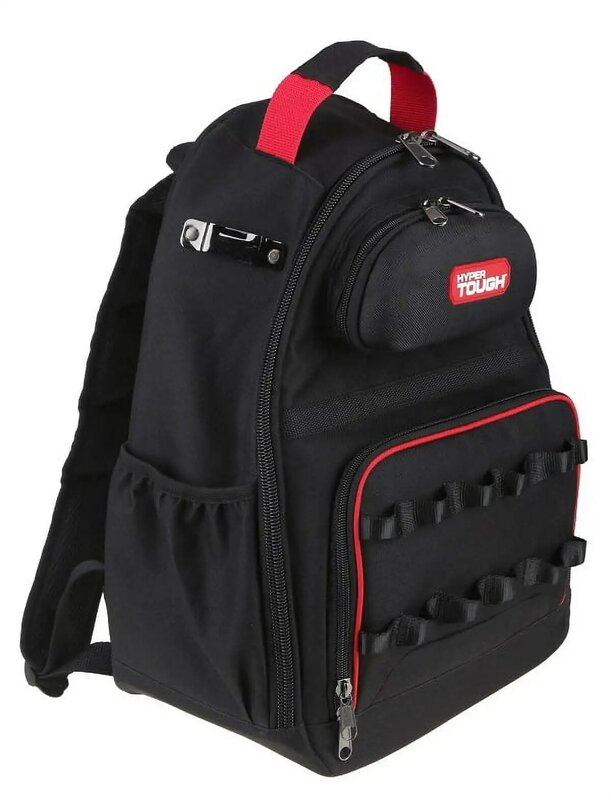 Hyper Tough mochila de herramientas negra con bolsillos y bucles, almacenamiento de herramientas portátil con soporte de Base (Unisex)