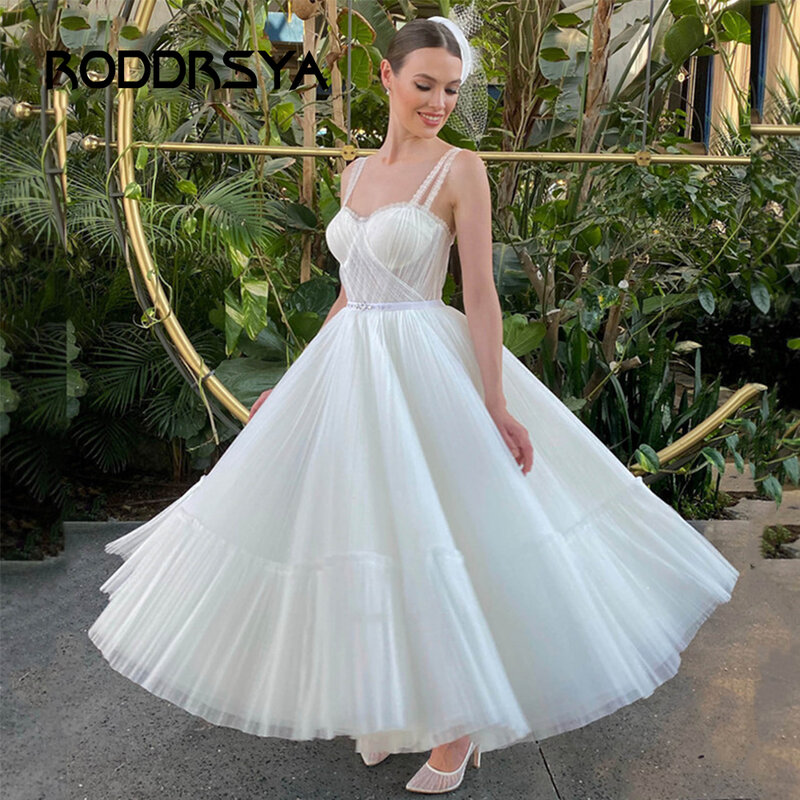 Короткое свадебное платье RODDRAYA с открытой спиной, на тонких бретельках, с кристаллами, длиной до середины икры, мягкое Тюлевое элегантное платье для невесты