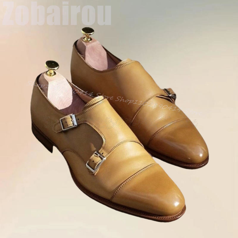 Brązowy projekt do szycia klamra Decor podwójne mokasyny mnich modne wsuwane buty męskie luksusowe ręcznie robione bankietowe męskie buty wizytowe