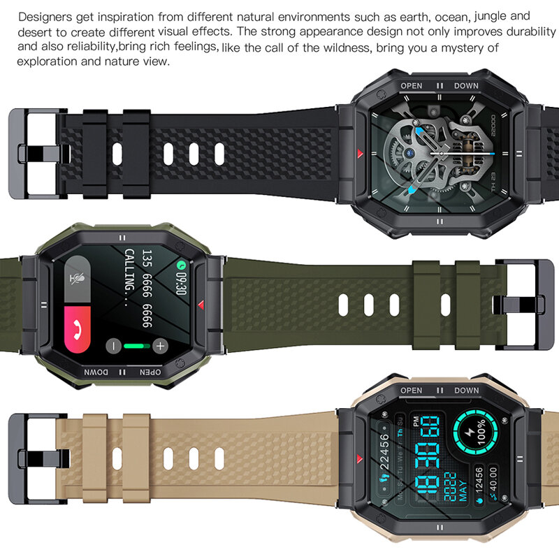 CanMixs K55 jam tangan pintar militer pria, arloji cerdas 1.85 inci 2022 panggilan Bluetooth 350mAh 24 jam Monitor Kesehatan luar ruangan tahan air IP68