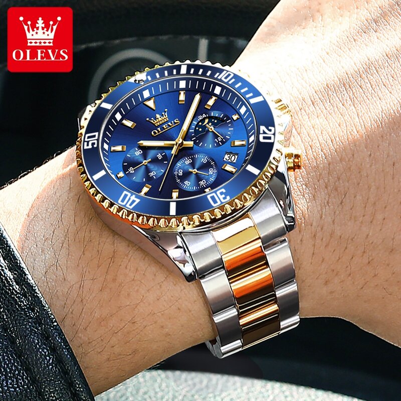 OLEVS jam tangan putar pria, arloji wajah besar Stainless Steel tahan air tanggal Analog Quartz, jam tangan modis bisnis untuk pria