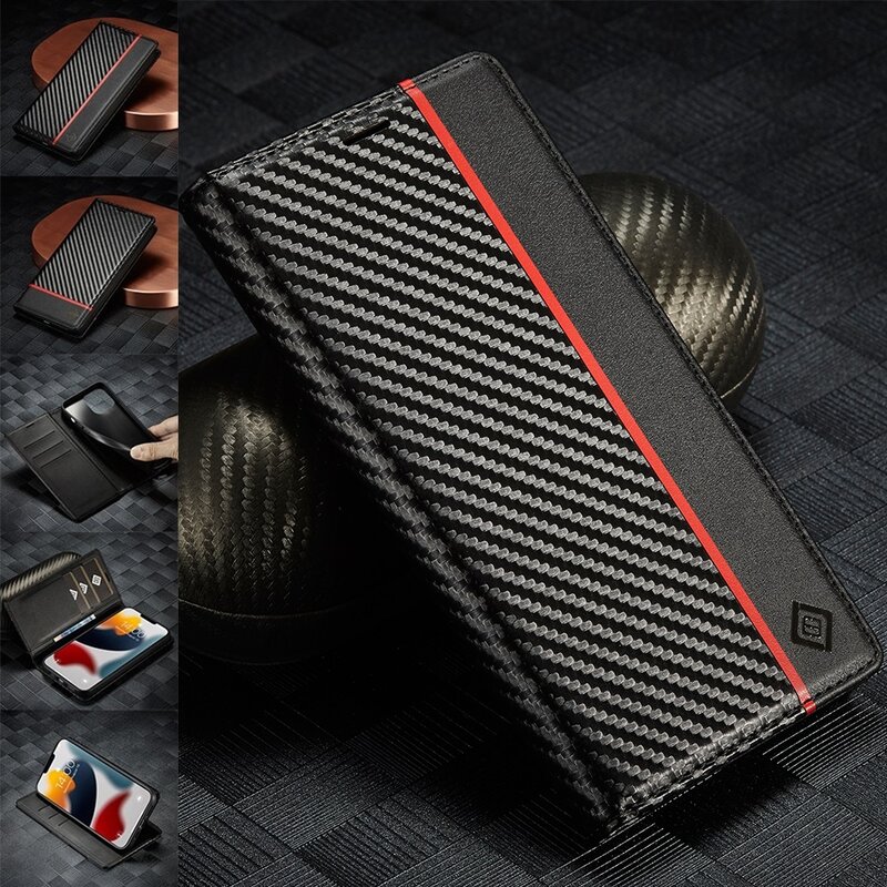 Leather Case for Samsung S20 S21 FE S22 Ultra S10 S9 S8 Plus Folio Flip Cover A53 A33 A13 A72 A52S A32 A22 A12 Carbon Pattern